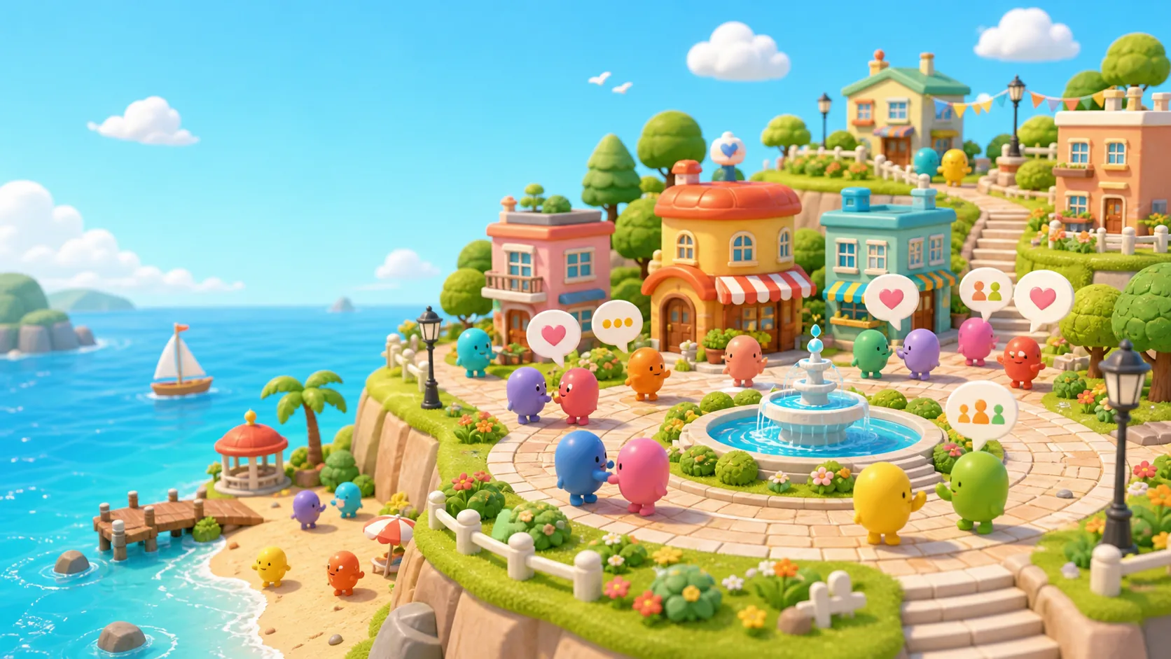 Original toy-like island plaza illustration with colorful residents and heart speech bubbles