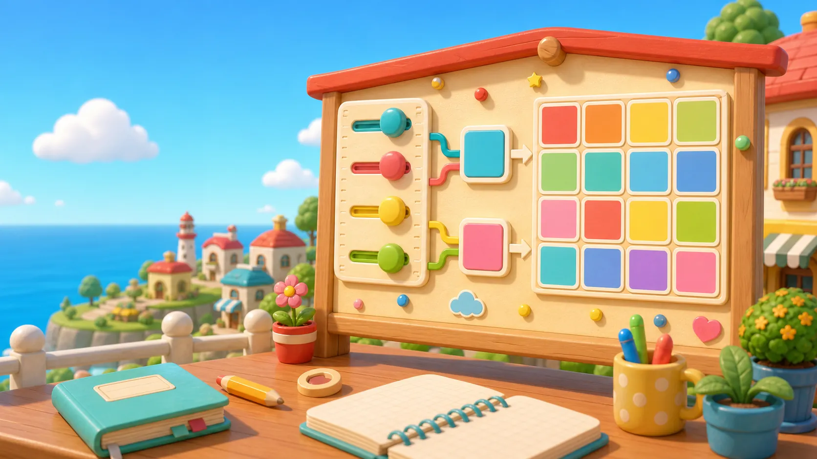 Original toy-like island workshop illustration with chunky sliders and a colorful personality grid