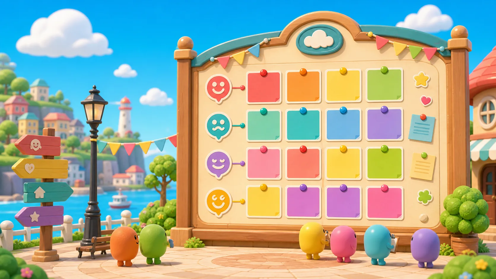 Original toy-like island bulletin board illustration with colorful blank personality cards