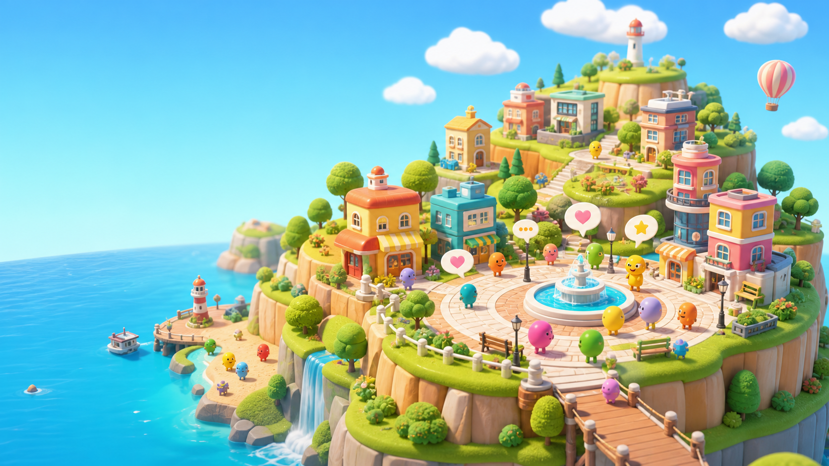 Original toy-like island town illustration with colorful residents and speech bubbles